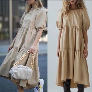 Zara Puff Sleeve Poplin Tiered Midi Dress Tan M